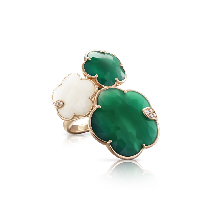 Ton Joli Bouquet Ring in Pink Gold with White and Green Agate, White and Champagne Diamonds