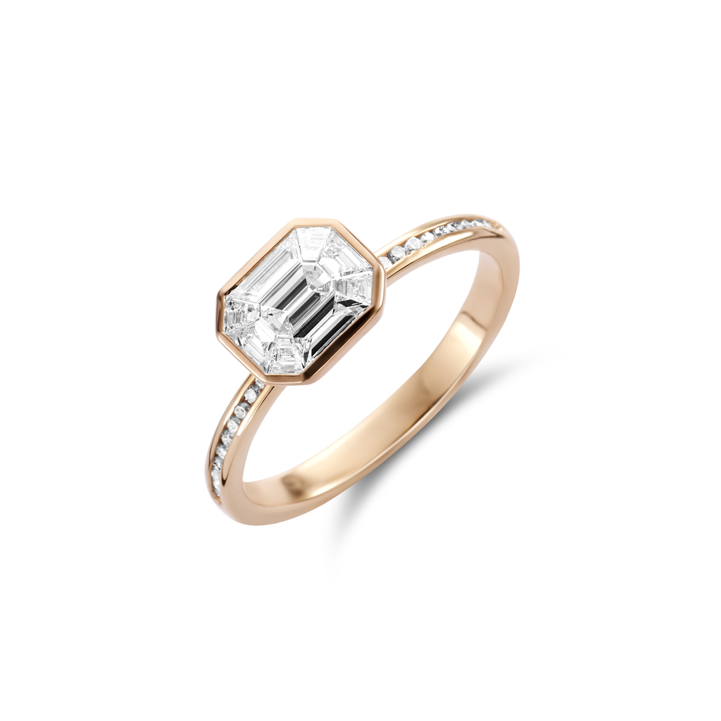Ring pink Gold set Diamonds Illusion Emerald cut