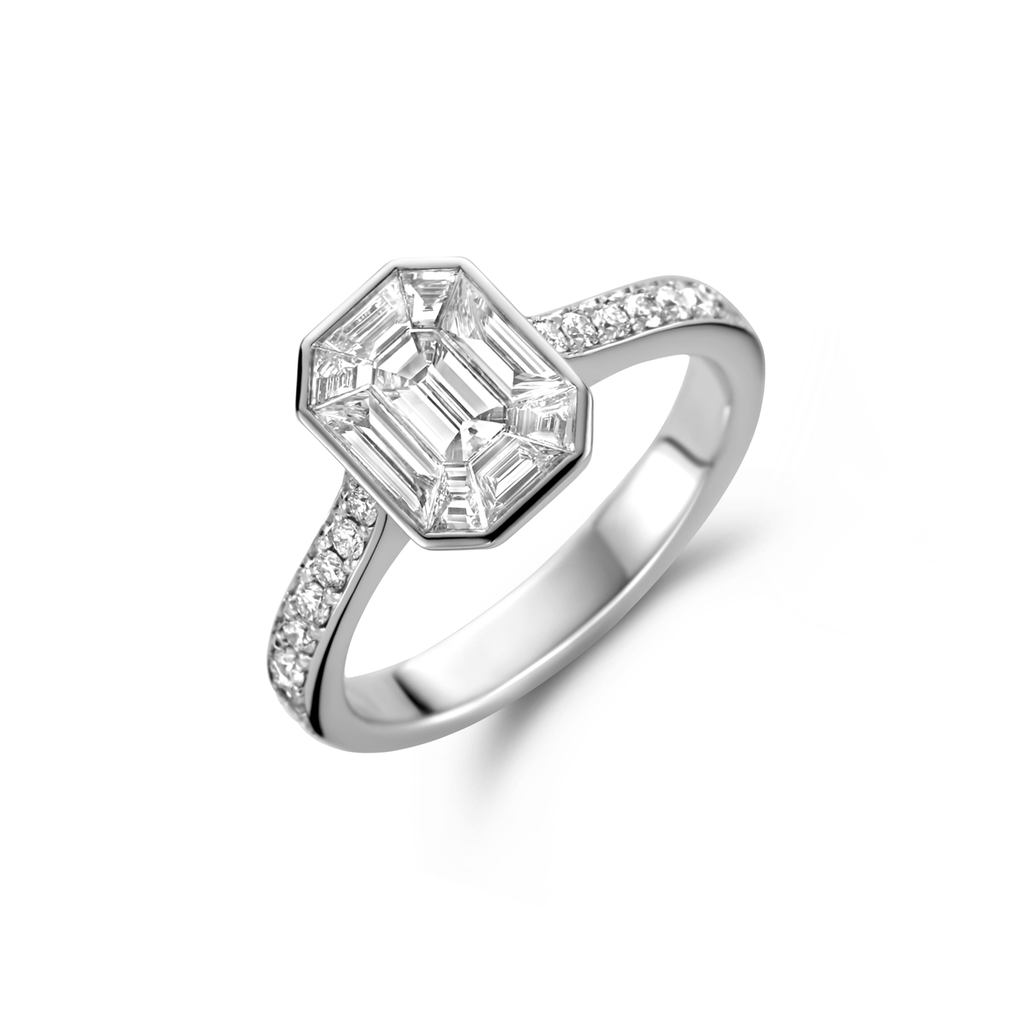 Ring White Go:d set With Diamonds illusion emerald Cut