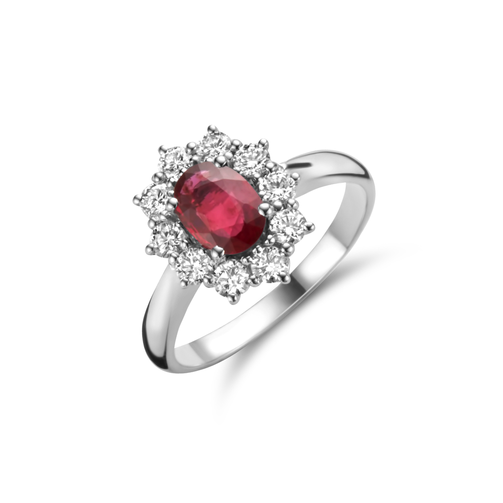 Ring entourage ruby and diamonds