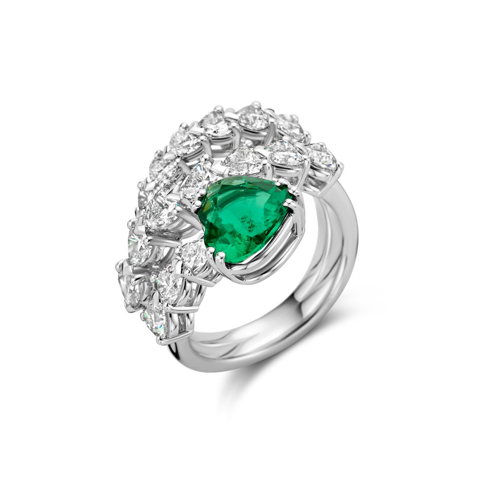 Ring With Heart Shape Cut Emerald and Diamonds