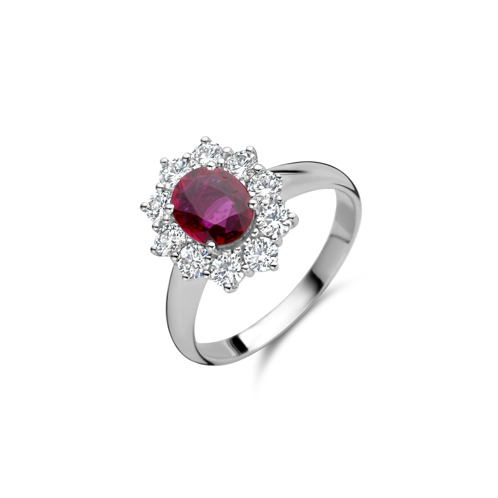 Whitegold ring with ruby and diamonds