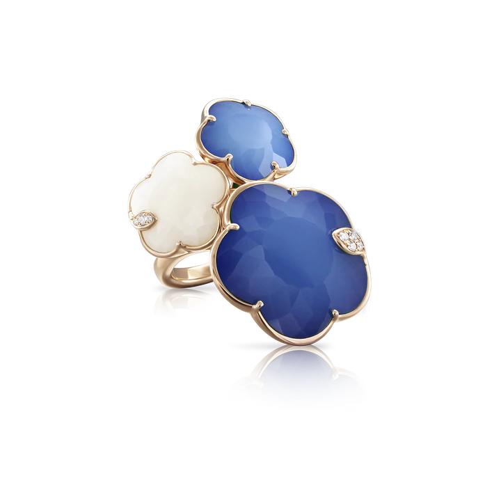 Ton Joli Bouquet Ring in Pink Gold with Blue Moon (Lapis Lazuli and White Agate doublet), White Agate and White Diamond