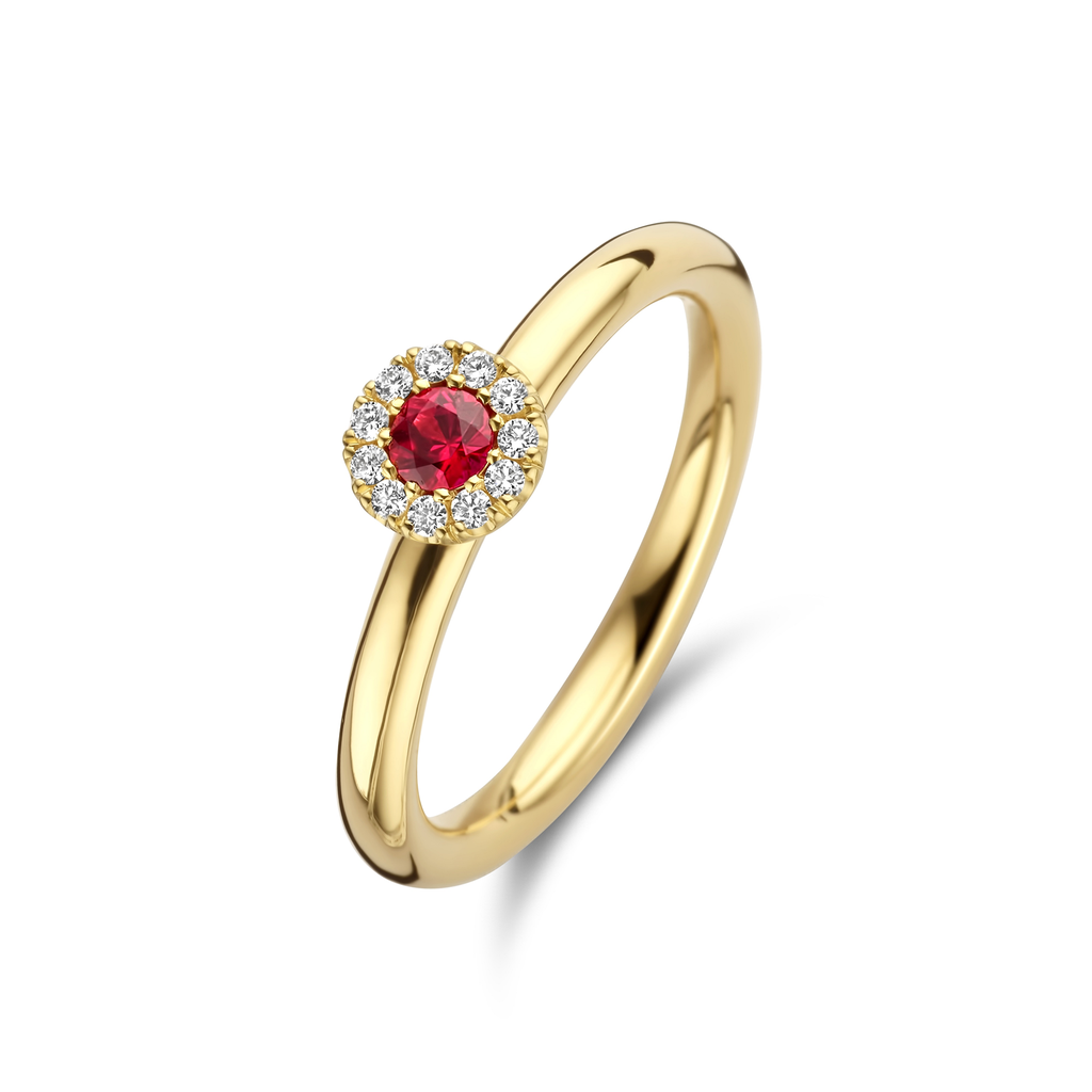 Yellow gold solitaire with ruby and diamonds