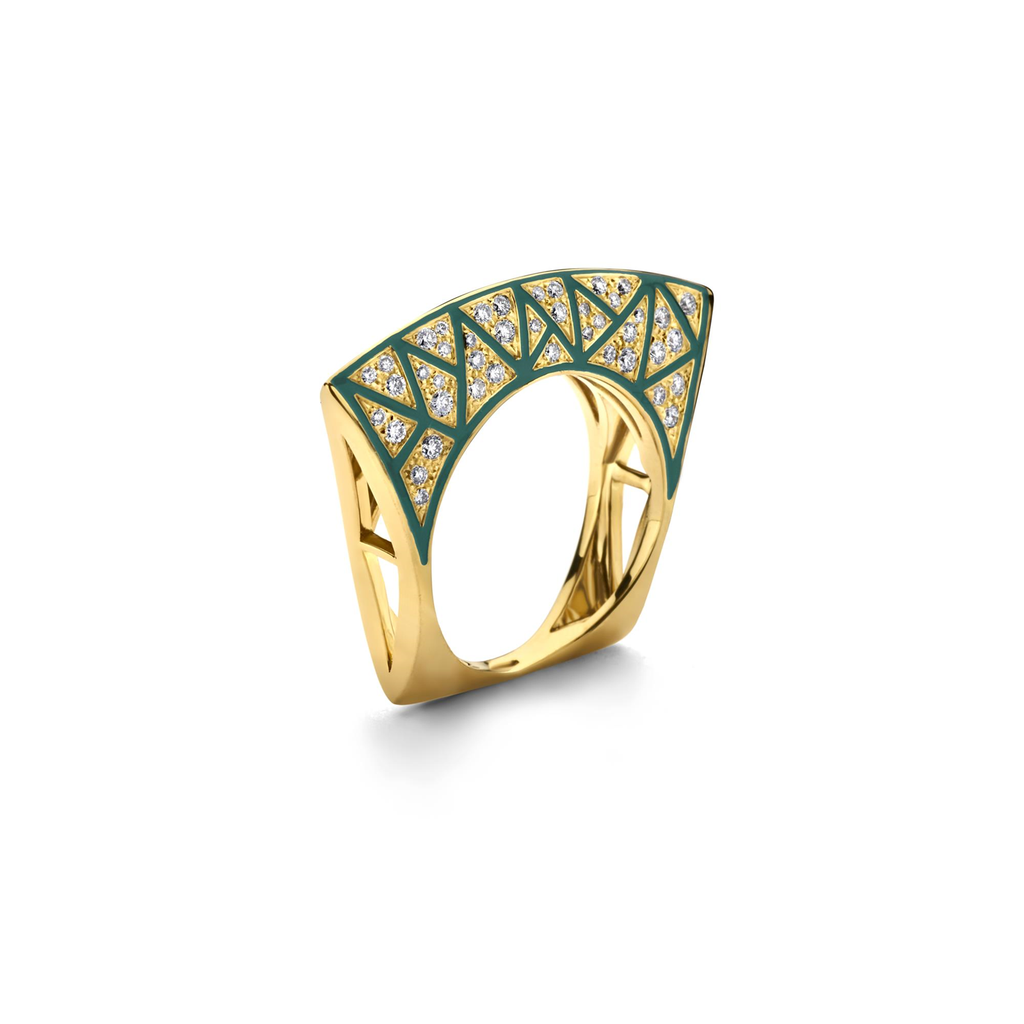 Lotus Ring in Yellow Gold, Enamel & White Diamonds