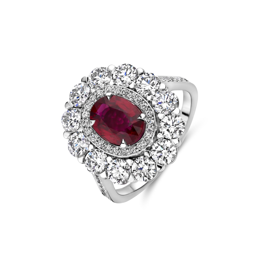 Ring in whitegold with ruby and diamonds