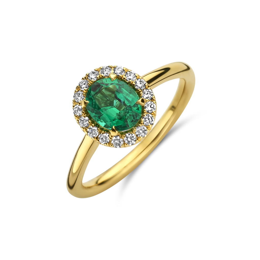 Yellow gold ring with emerald and diamonds