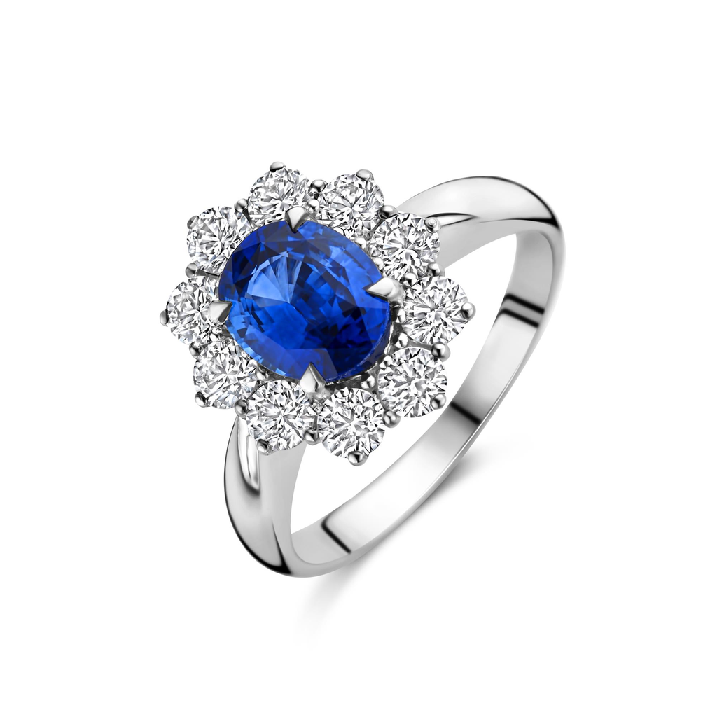 Sapphire Entourage Ring in White Gold with White Diamonds
