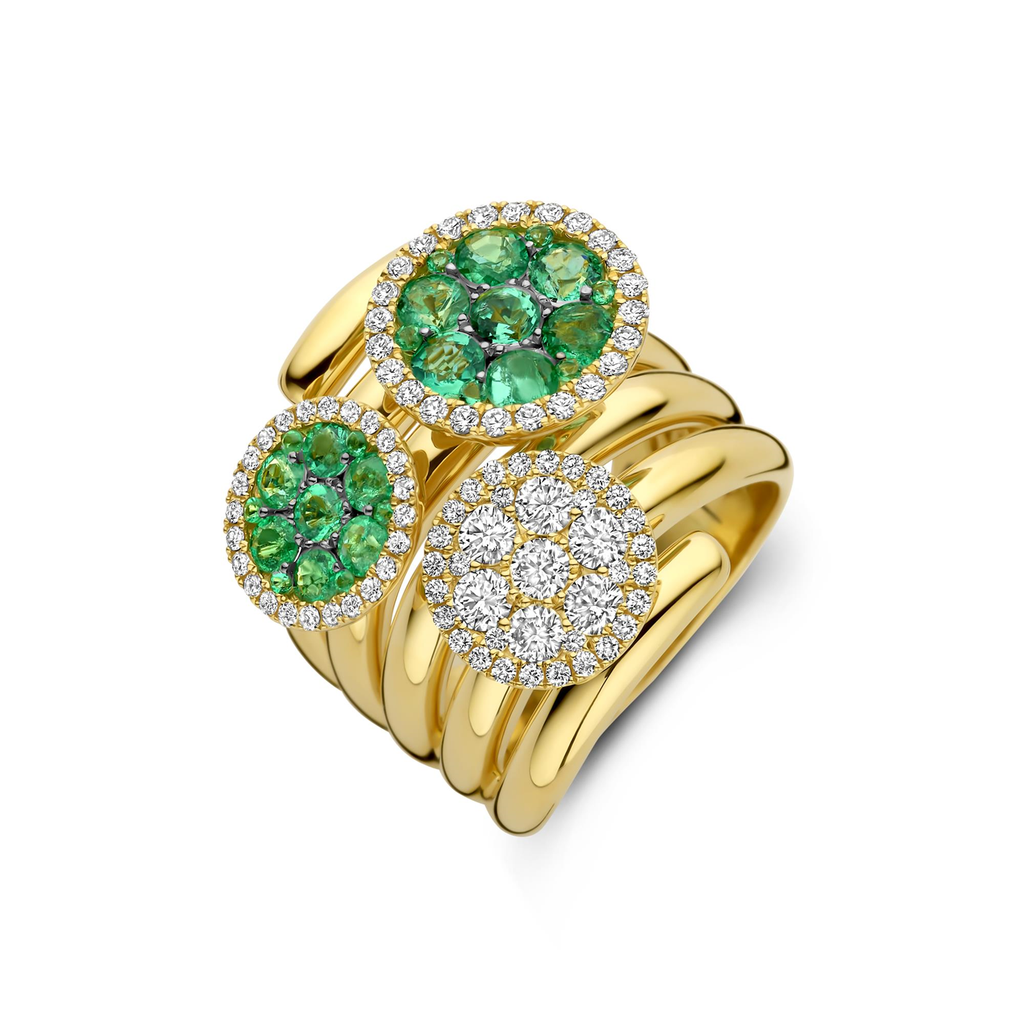 Yellow gold ring with diamonds and emeralds