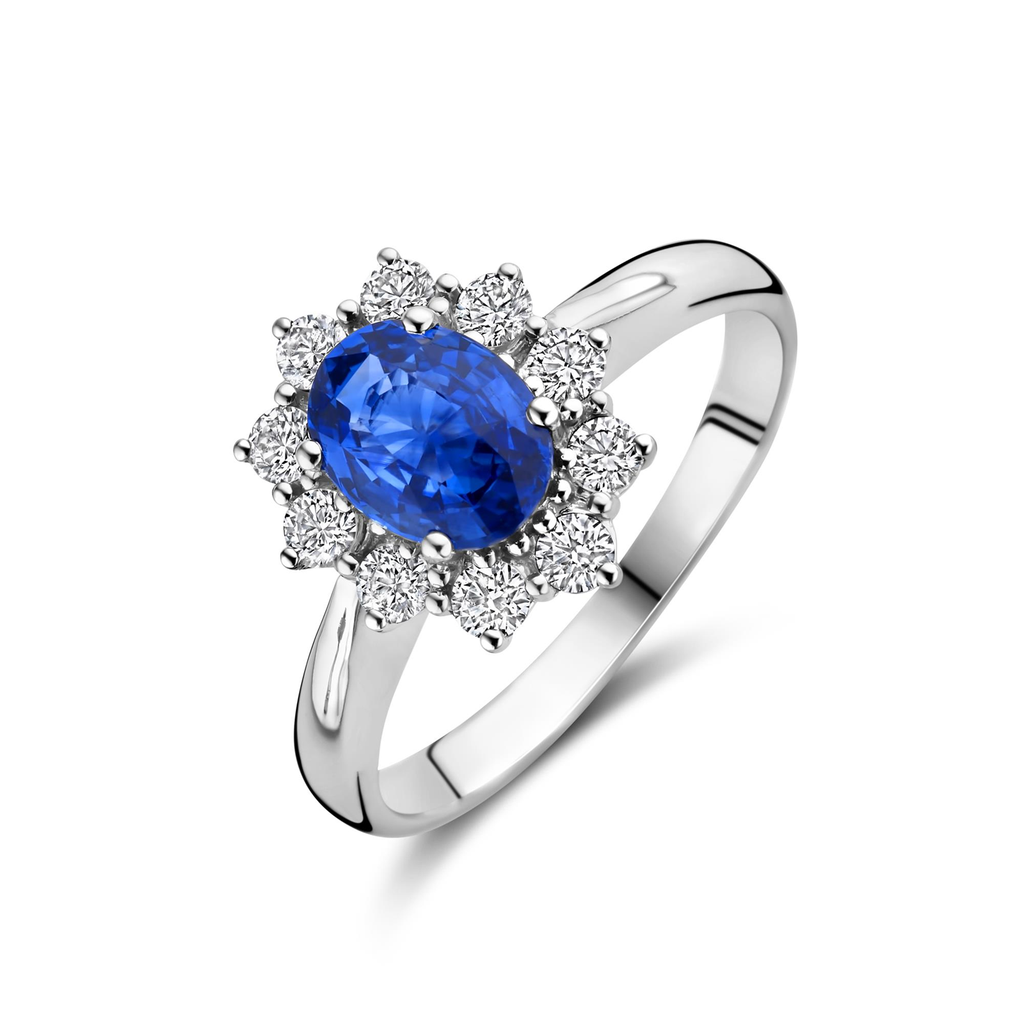 White Gold Halo Ring with Blue Sapphire and White Diamonds