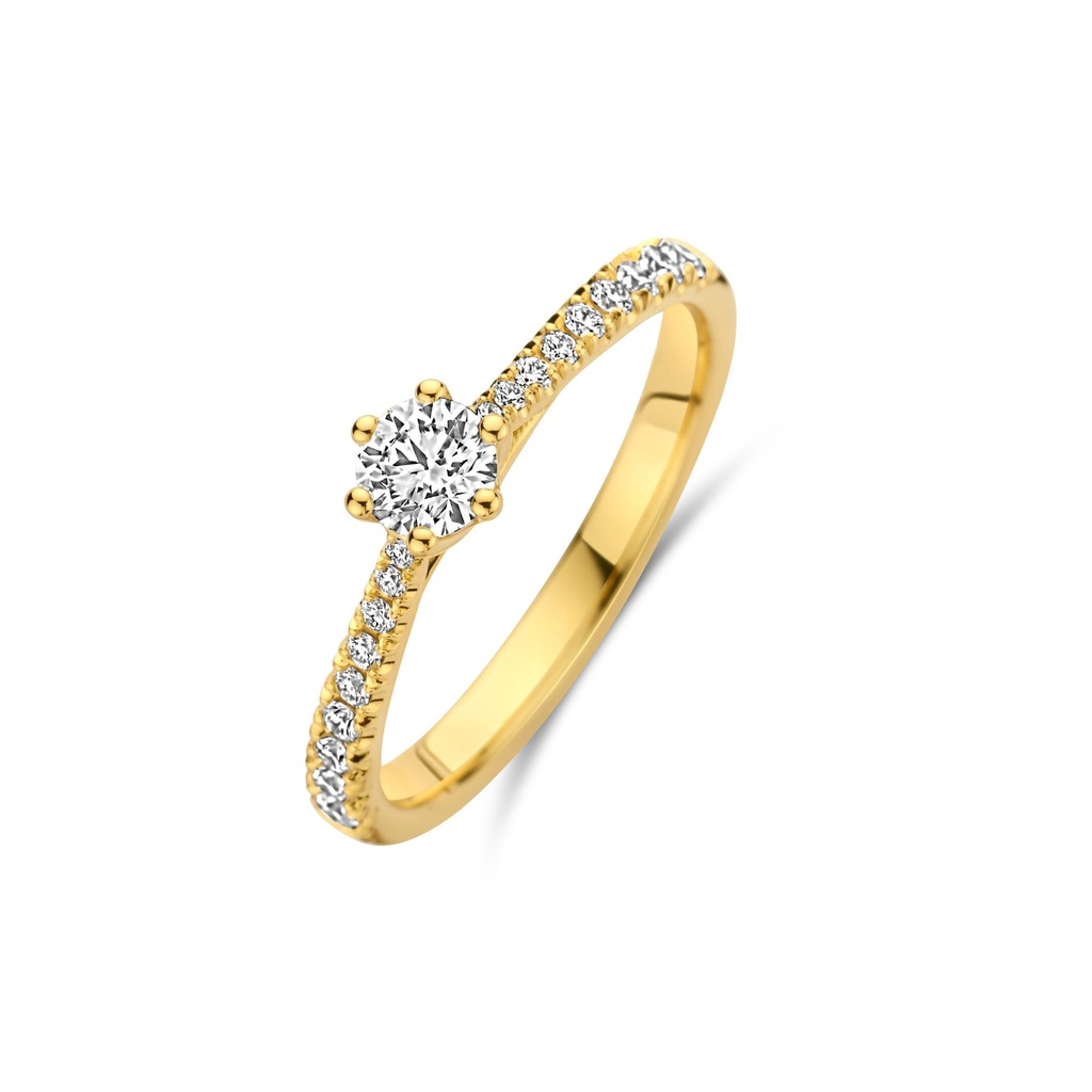 Yellow gold solitaire ring with diamonds