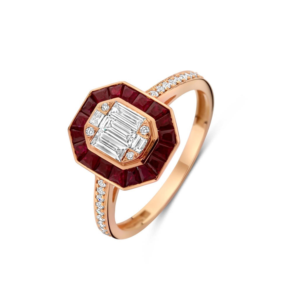 Pink gold ring with diamonds and rubies