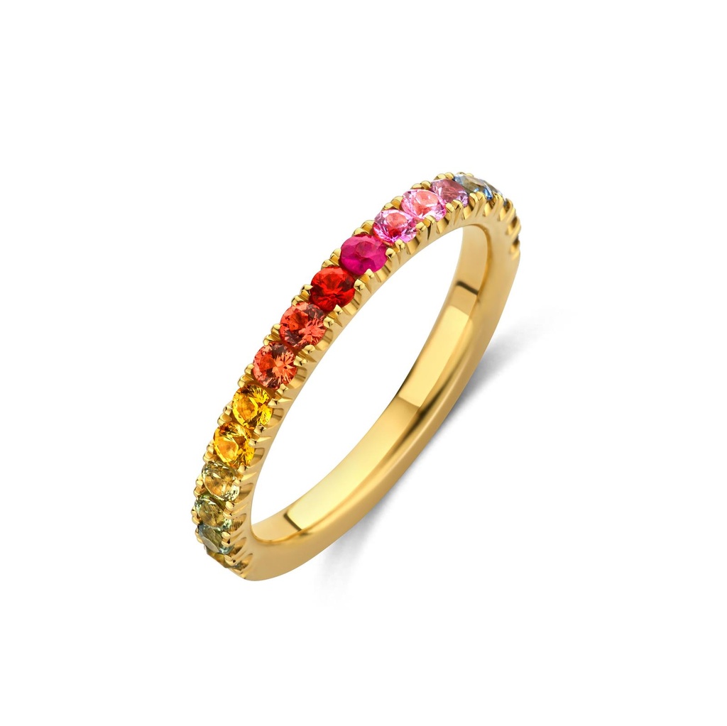 Yellow gold wedding band with rainbow sapphires