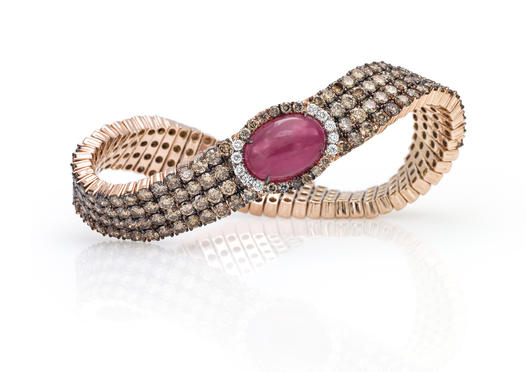 Bracelet pink gold brown diamonds + rhodochrosite