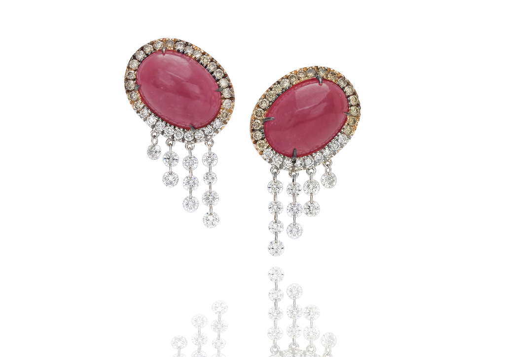 Earrings pink gold oval Red stone + diamonds