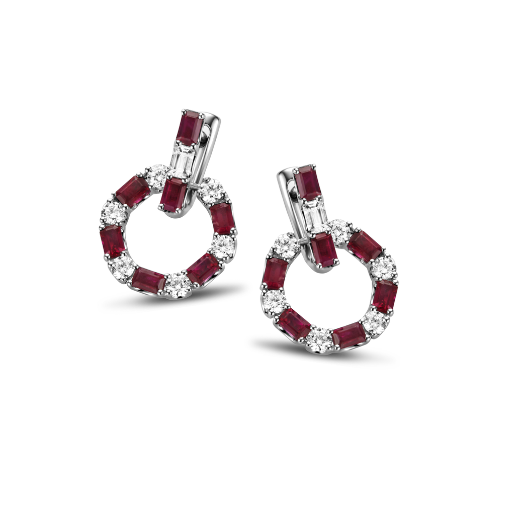 Earrings white gold diamonds + rubies baguette