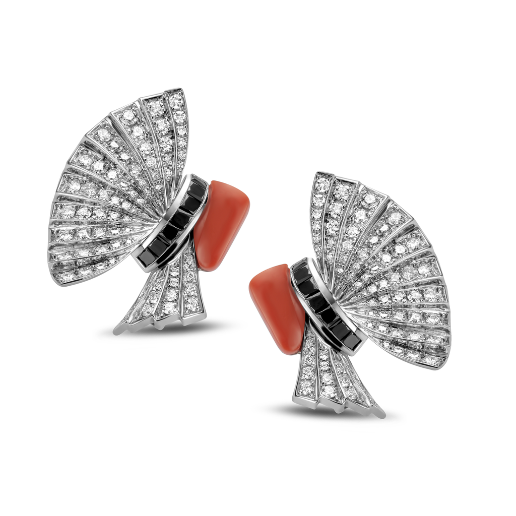 Earrings with coral black and white diamonds