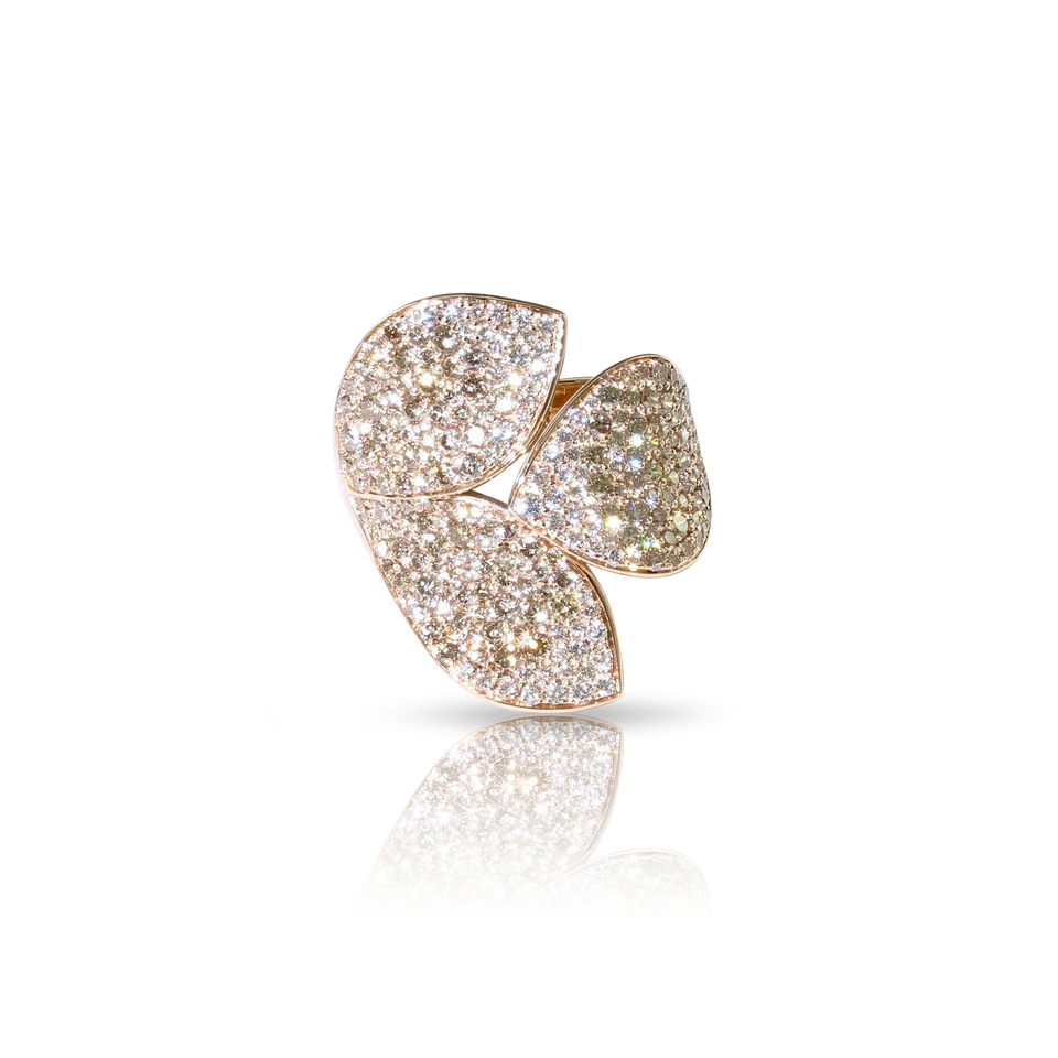 Giardini Segreti Three Leaves Ring in Pink Gold with White and Champagne Diamonds