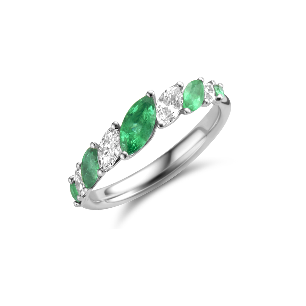 Ring White Gold Emerald + Marquise Diamond