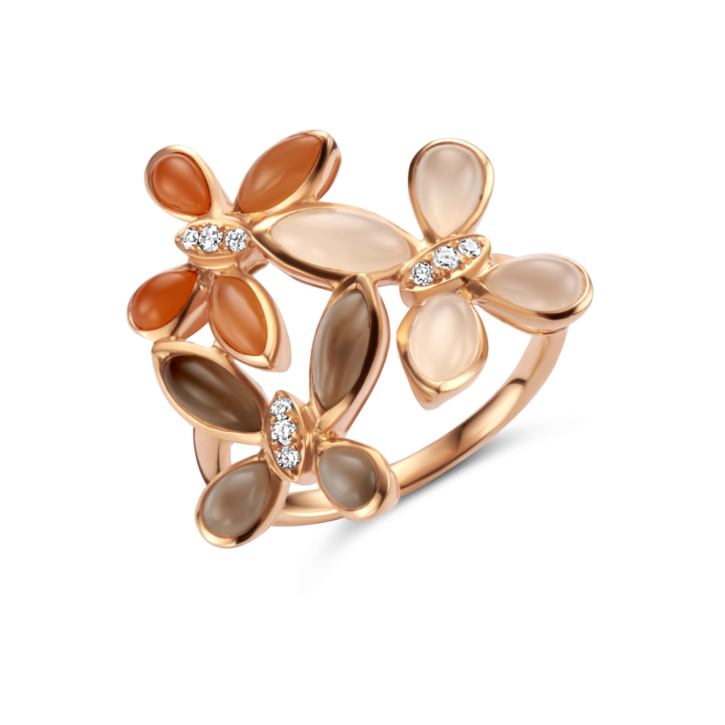 Ring pink gold set with moonstone and grey moonstone