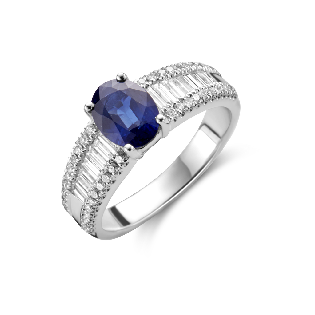 Ring white gold Sapphire + brilliant+ Baguette