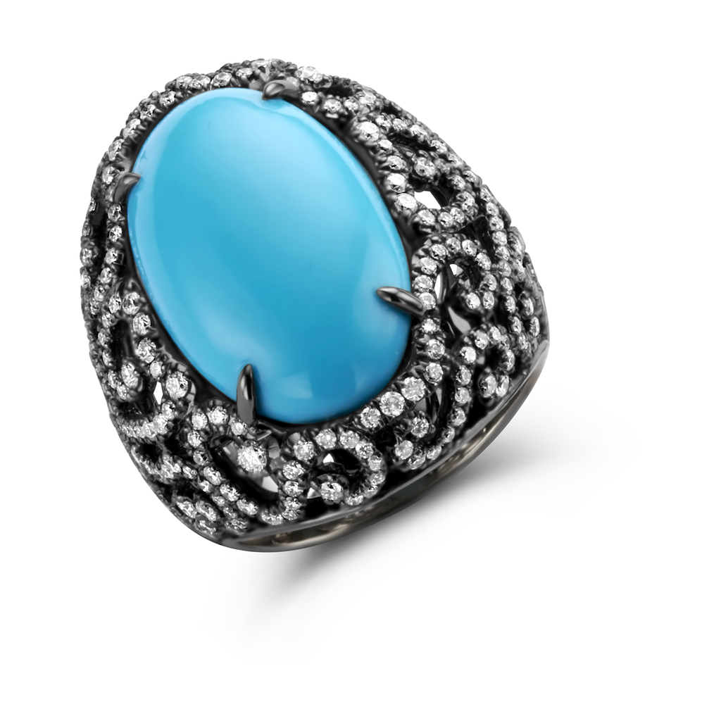 Ring white gold black rodium set with diamonds and turquoise