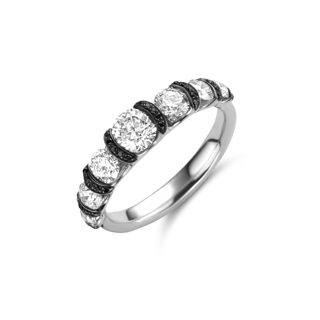 Ring white gold set with white and black diamonds