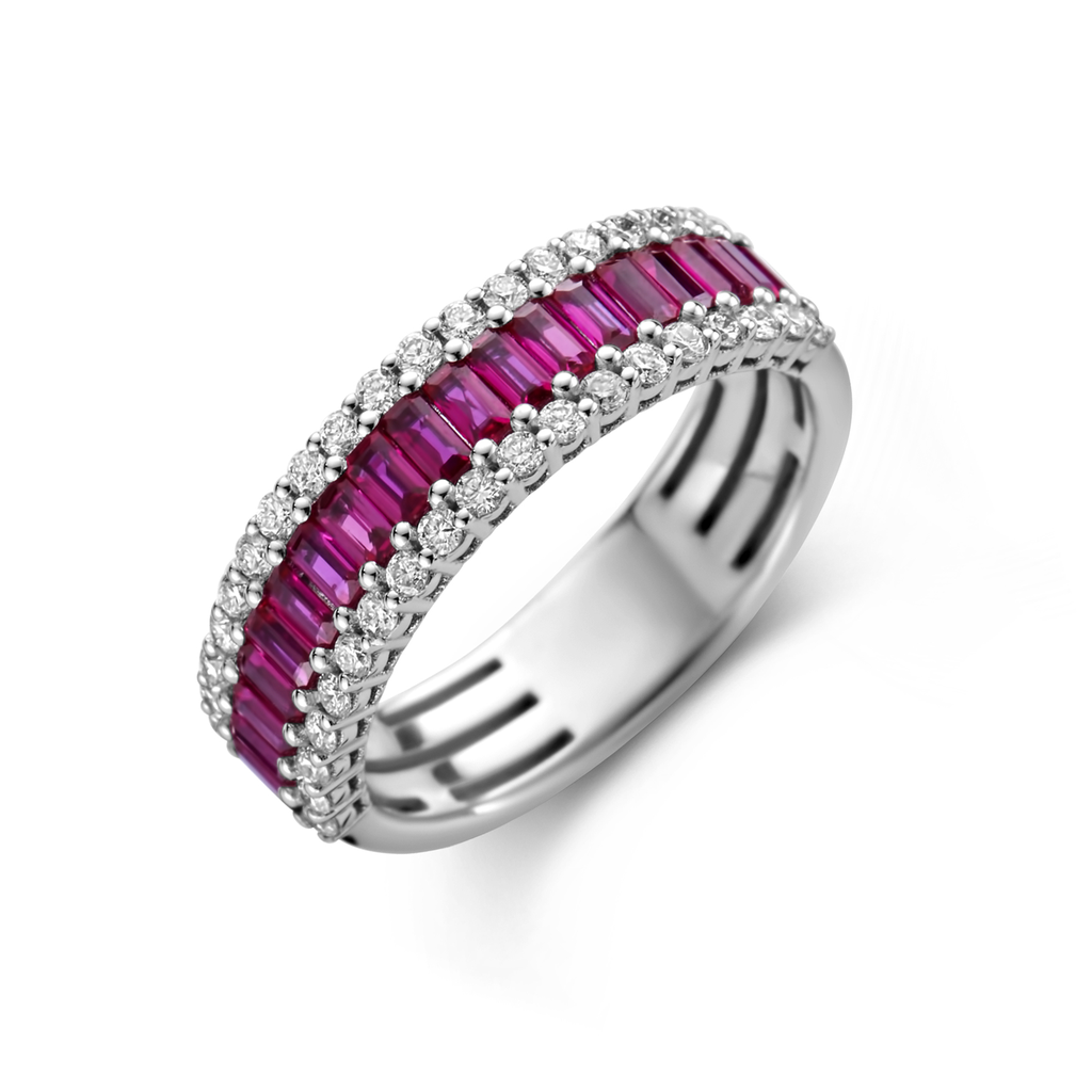 Wedding band white gold with diamonds and rubis