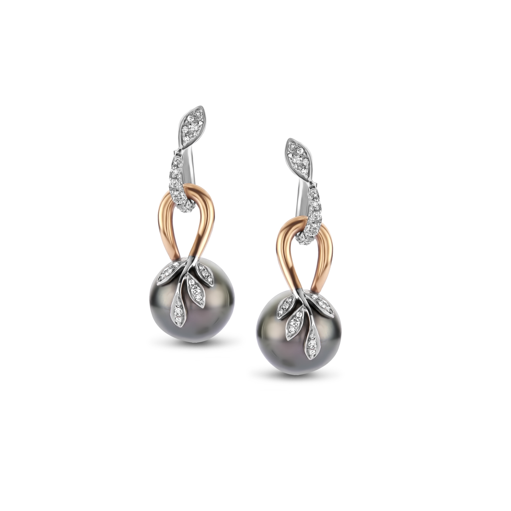 earrings white and pink gold diamond en grey pearls