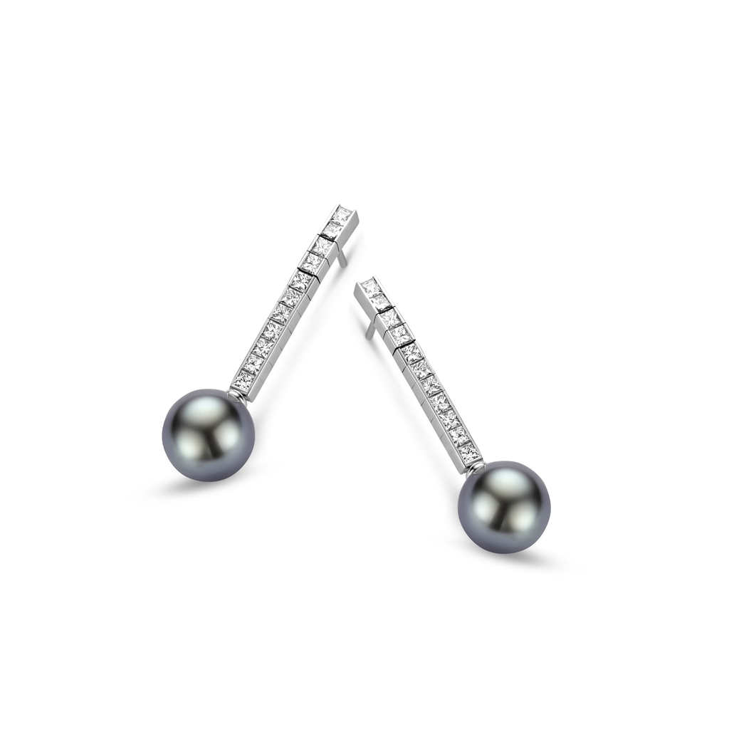 earrings white gold set diamonds and grey pearls