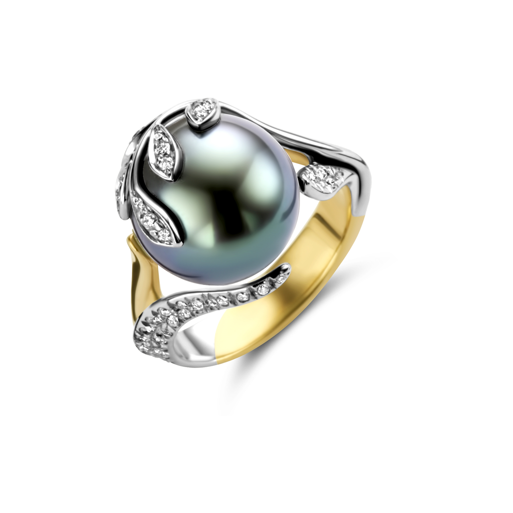 ring bicolor diamonds and black pearl