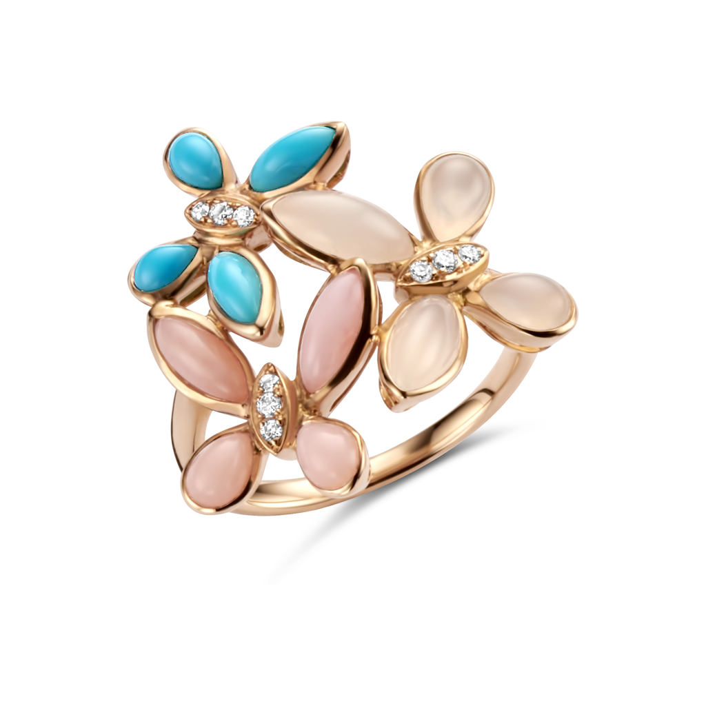 ring pink gold set with moonstone white jade and turquoise