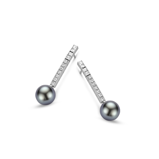  Mikimoto - earrings white gold set diamonds and grey pearls