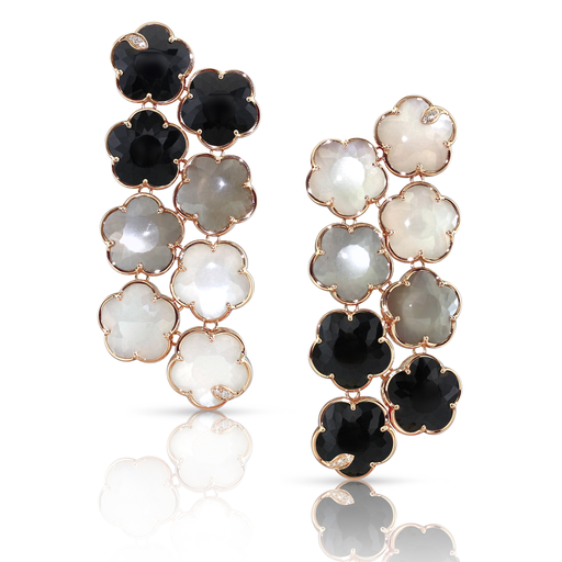 [16373R]  Pasquale Bruni - Bouquet Lunaire Chandelier Earrings in Pink Gold with Grey and White Moonstone, Onyx and White Diamonds