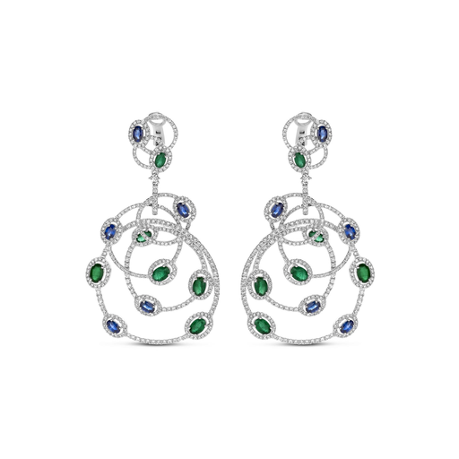 [JBS-SAD-PE07601-W]  JBS - Whitegold dangling earrings with diamonds, sapphires and emeralds