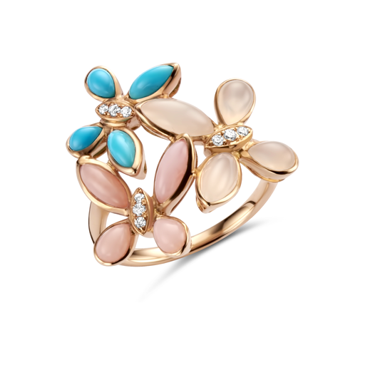  JBS - ring pink gold set with moonstone white jade and turquoise