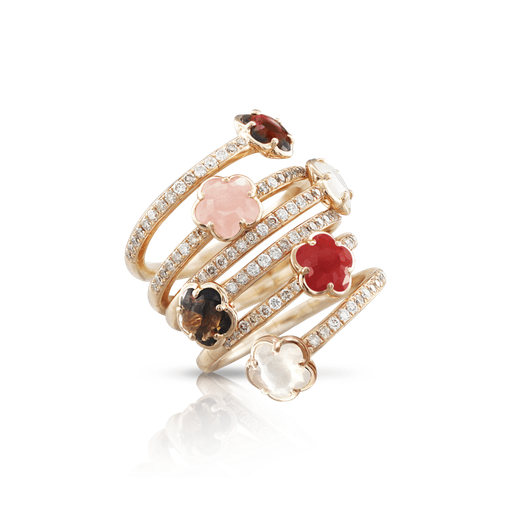 [16000R]  Pasquale Bruni - Figlia dei Fiori Six Flowers Twist Ring in Pink Gold with Pink Chalcedony, Red Garnet, Moonstone, Smoky Quartz, Carnelian, White and Champagne Diamond