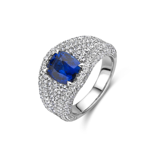 [JBS-MB-1/5300]  JBS - White gold pave diamond ring with cushion cut blue sapphire